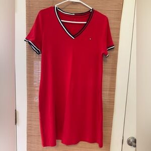 Tommy Hilfiger Red V-Neck Dress with Striped Trim
